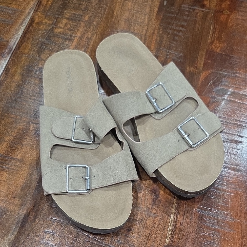 Torrid Beige Double Strap Sandals with Silver Buckles Size 9.5